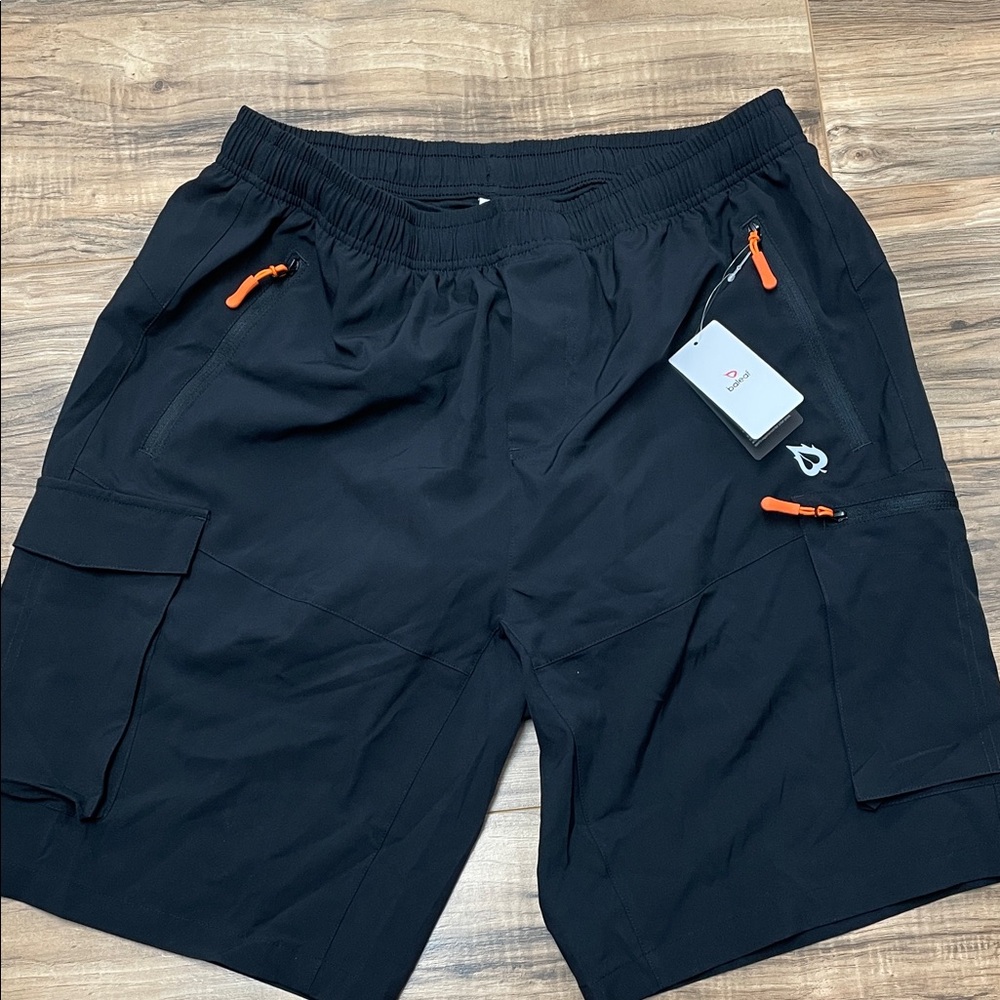 Black Men's Bike Shorts with Orange Accents and Padding Inside
